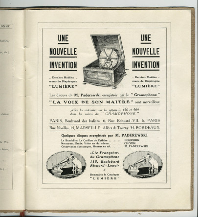 Libretto du concert organisé le 9 juin 1923 au Théâtre du Châtelet à Paris par l'Association des Concerts-Colonne au bénéfice du Monument Edouard Colonne avec le concours de Paderewski dans le Concerto «L'Empereur» de Beethoven (l-r)