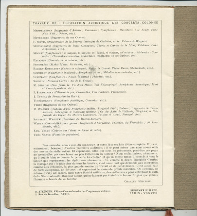 Libretto du concert organisé le 9 juin 1923 au Théâtre du Châtelet à Paris par l'Association des Concerts-Colonne au bénéfice du Monument Edouard Colonne avec le concours de Paderewski dans le Concerto «L'Empereur» de Beethoven (l-r)