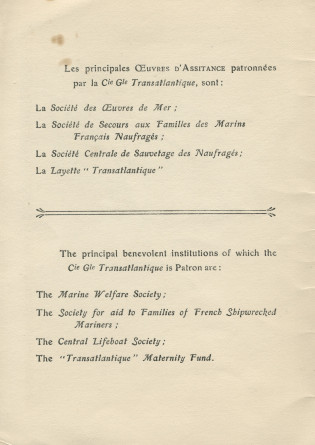 Libretto (bilingue français-anglais) de la Fête de bienfaisance organisée le 3 novembre 1925 à bord du paquebot «Paris» au profit des Sociétés de secours aux naufragés et Œuvres d'assistance patronnées par la Compagnie générale transatlantique (a-e)