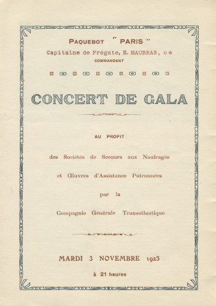 Libretto (bilingue français-anglais) de la Fête de bienfaisance organisée le 3 novembre 1925 à bord du paquebot «Paris» au profit des Sociétés de secours aux naufragés et Œuvres d'assistance patronnées par la Compagnie générale transatlantique (f-k)