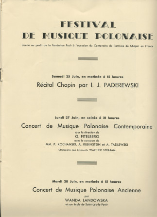 Libretto du Festival de musique polonaise organisé les 25, 27 et 28 juin 1932 au Théâtre des Champs-Elysées à Paris au profit de la Fondation Foch à l'occasion du centenaire de l'arrivée de Chopin en France (a-g)
