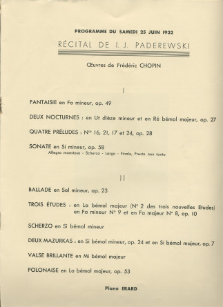Libretto du Festival de musique polonaise organisé les 25, 27 et 28 juin 1932 au Théâtre des Champs-Elysées à Paris au profit de la Fondation Foch à l'occasion du centenaire de l'arrivée de Chopin en France (h-n)