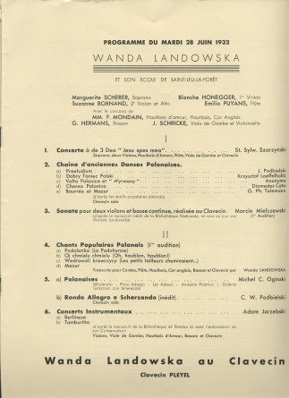 Libretto du Festival de musique polonaise organisé les 25, 27 et 28 juin 1932 au Théâtre des Champs-Elysées à Paris au profit de la Fondation Foch à l'occasion du centenaire de l'arrivée de Chopin en France (h-n)