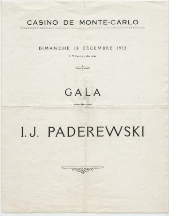 Programme du récital de gala donné par Paderewski le 18 décembre 1932 au Casino de Monte-Carlo