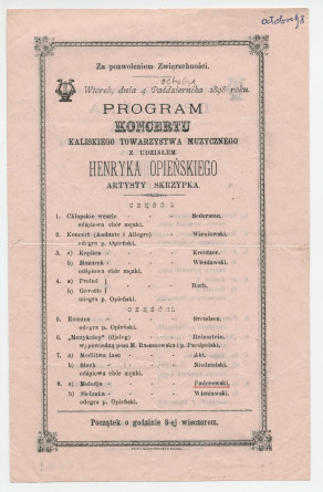 Programme (en polonais et en russe) du récital de violon donné le 4 octobre 1898 à Kalisz par Henryk Opienski, interprète notamment d'une mélodie de Paderewski