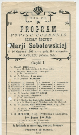 Programme du récital des élèves de l'école de chant de Marie Sobolewska [Marij Sobolewskiej] donné le 16 juin 1909 à l'Hôtel de ville de Varsovie, avec le concours notamment de Z. Kinowska interprète de «Za Dawnych Lat» de Paderewski