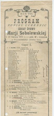 Programme du récital des élèves de l'école de chant de Marie Sobolewska [Marij Sobolewskiej] donné le 19 juin 1911 à la Philharmonie de Varsovie