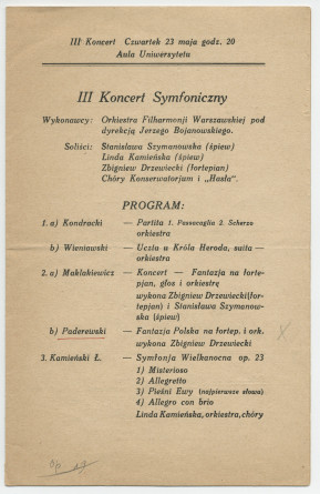 Programme (en polonais) du concert symphonique donné le 23 mai 1920 à l'Aula de l'Université de Varsovie par l'Orchestre philharmonique de Varsovie dirigé par Jerzego Bojanowskiego, dans le cadre d'un Festival de musique polonaise