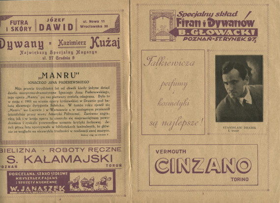 Programme de la représentation de l'opéra «Manru» de Paderewski le 27 septembre 1930 au Teatr Wielki [Grand Théâtre] de Poznan, sous la direction de Zygmunt Wojciechowski, avec Stanislas Drabik en Manru et Marja Bojar-Przemieniecka en Ulana (a-e)