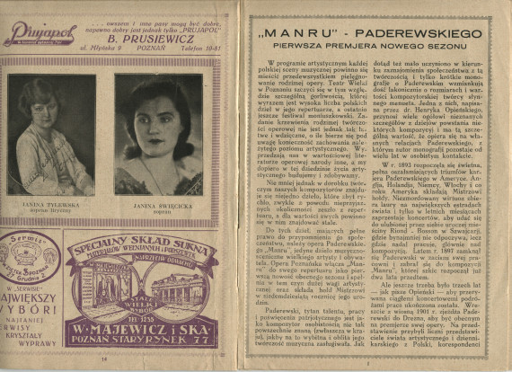 Programme de la représentation de l'opéra «Manru» de Paderewski le 27 septembre 1930 au Teatr Wielki [Grand Théâtre] de Poznan, sous la direction de Zygmunt Wojciechowski, avec Stanislas Drabik en Manru et Marja Bojar-Przemieniecka en Ulana (f-i)