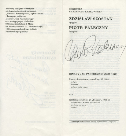 Programme (dédicacé) du concert donné le 3 mai 1991 à la Philharmonie d'Etat de Cracovie par l'Orchestre philharmonique de Cracovie dirigé par Zdzislaw Szostak, avec à l'affiche le Concerto pour piano et la Symphonie en si mineur de Paderewski