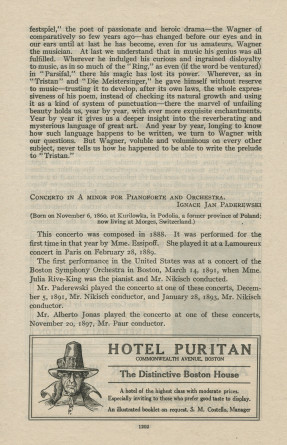 Libretto du 18e concert de la saison 1912-1913 du Boston Symphony Orchestra donné le 13 mars 1913 au Symphony Hall de Boston sous la direction de Karl Muck, avec la participation de Paderewski dans son Concerto pour piano