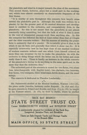 Libretto du 18e concert de la saison 1912-1913 du Boston Symphony Orchestra donné le 13 mars 1913 au Symphony Hall de Boston sous la direction de Karl Muck, avec la participation de Paderewski dans son Concerto pour piano