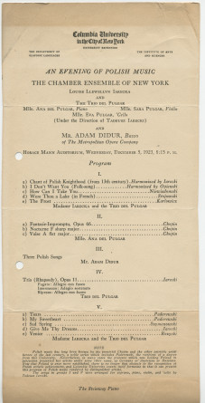 Programme de la soirée de musique polonaise proposée le 5 décembre 1923 à l'Auditorium Horace Mann de la Columbia University de New York par la cantatrice Louise Llewellyn Iareka et le Trio del Pulgar