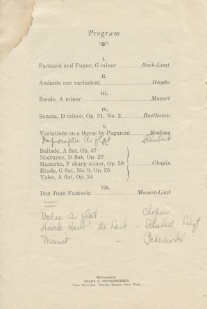Libretto du récital donné «On the Steinway Piano, the Instrument of the Immortals» par Paderewski le 29 février 1924 à Oakland (Californie) (?)
