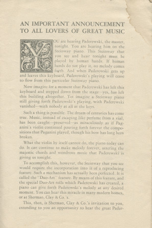 Libretto du récital donné «On the Steinway Piano, the Instrument of the Immortals» par Paderewski le 29 février 1924 à Oakland (Californie) (?)