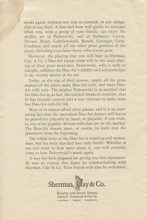 Libretto du récital donné «On the Steinway Piano, the Instrument of the Immortals» par Paderewski le 29 février 1924 à Oakland (Californie) (?)