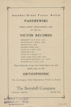 Programme du récital Chopin donné par Paderewski le 11 mars 1926 au Shrine Auditorium de Phoenix (Arizona)