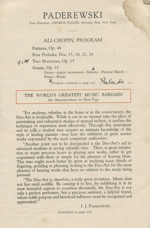 Libretto (en deux parties) du récital Chopin donné par Paderewski le 21 mars 1926 à l'Exposition Auditorium de San Francisco (Californie) (a-g)