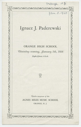 Programme du récital donné par Paderewski le 5 janvier 1928 à l'Orange High School (New Jersey)