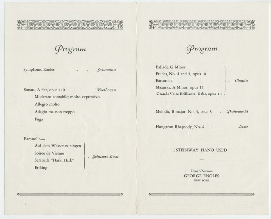 Programme du récital donné par Paderewski le 5 janvier 1928 à l'Orange High School (New Jersey)