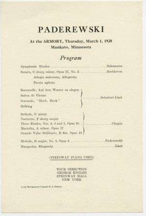 Programme du récital donné par Paderewski le 1er mars 1928 à l'Armory de Mankato (Minnesota)