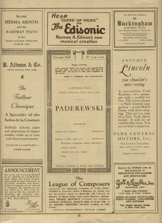 Libretto du récital donné par Paderewski le 24 mars 1928 au Carnegie Hall de New York