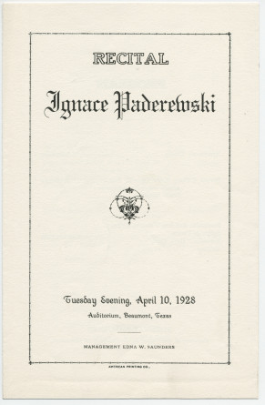 Programme du récital donné par Paderewski le 10 avril 1928 à l'Auditorium de Beaumont (Texas)