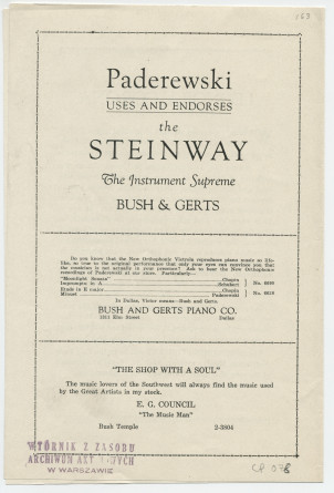 Programme du récital Chopin donné par Paderewski le 16 avril 1928 au Fair Park Auditorium de Dallas (Texas)