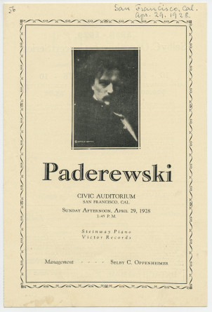 Programme du récital donné par Paderewski le 29 avril 1928 au Civic Auditorium de San Francisco (Californie)