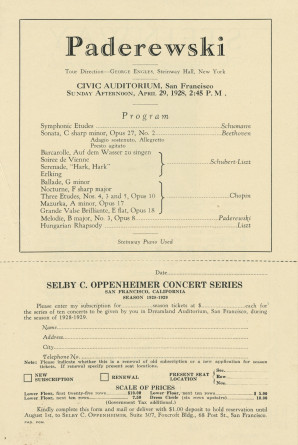 Programme du récital donné par Paderewski le 29 avril 1928 au Civic Auditorium de San Francisco (Californie)