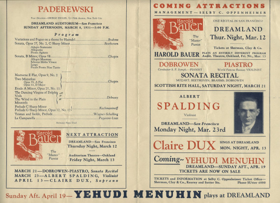 Programme du récital donné par Paderewski le 8 mars 1931 au Dreamland Auditorium de San Francisco (Californie)
