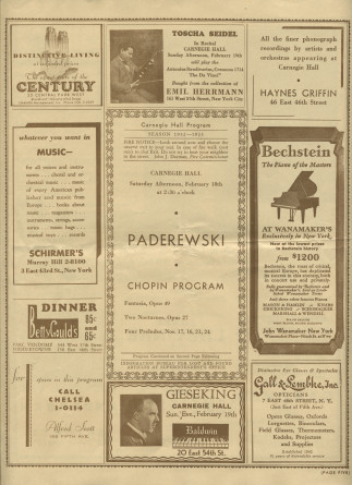 Libretto du récital Chopin donné par Paderewski le 18 février 1933 au Carnegie Hall de New York