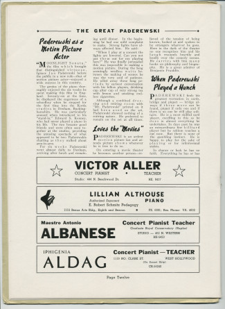 Libretto illustré et documenté du «Paderewski Twentieth American Tour Souvenir Program» [récital-souvenir de la 20e tournée américaine de Paderewski] donné le 2 avril 1939 au Shrine Auditorium de Los Angeles (Californie) (j-r)