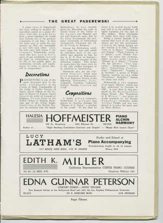 Libretto illustré et documenté du «Paderewski Twentieth American Tour Souvenir Program» [récital-souvenir de la 20e tournée américaine de Paderewski] donné le 2 avril 1939 au Shrine Auditorium de Los Angeles (Californie) (j-r)