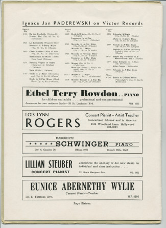 Libretto illustré et documenté du «Paderewski Twentieth American Tour Souvenir Program» [récital-souvenir de la 20e tournée américaine de Paderewski] donné le 2 avril 1939 au Shrine Auditorium de Los Angeles (Californie) (j-r)