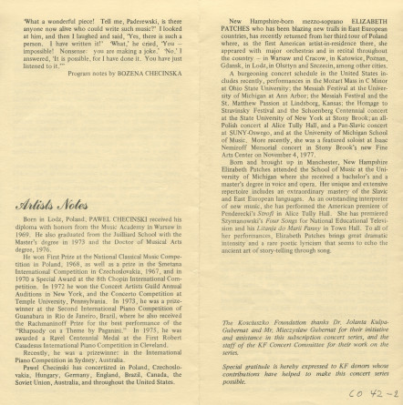 Programme du récital Paderewski donné le 2 décembre 1977 à la Kosciuszko Foundation de New York, 15 East 65 Street, par la mezzo-soprano Elizabeth Patches et le pianiste Pawel Checinski, dans le cadre des «Birthday Concerts» (avec programme général)
