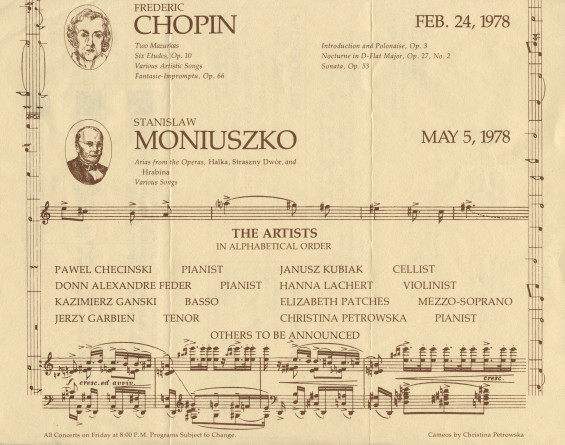 Programme du récital Paderewski donné le 2 décembre 1977 à la Kosciuszko Foundation de New York, 15 East 65 Street, par la mezzo-soprano Elizabeth Patches et le pianiste Pawel Checinski, dans le cadre des «Birthday Concerts» (avec programme général)