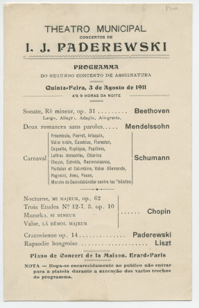 Programme du 2e récital donné par Paderewski le 3 août 1911 au Teatro municipal de Rio de Janeiro dans le cadre d'une tournée sud-américaine