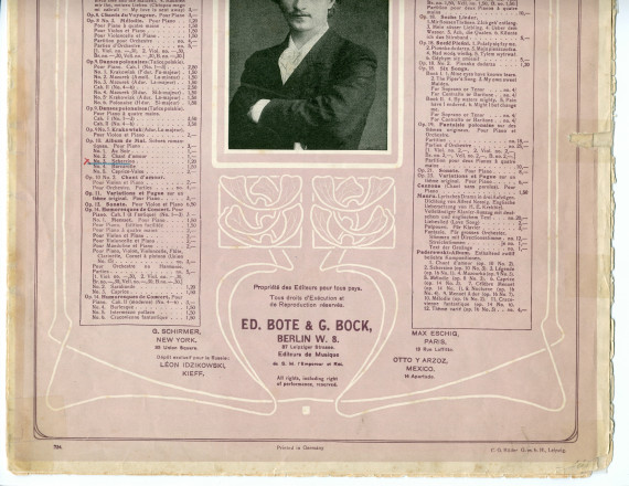 Partition du «Scherzino» tiré de l'«Album de mai, scènes romantiques pour piano» op. 10 n° 3 de Paderewski (Ed. Bote & Bock, Berlin – avec en couverture une liste des «compositions de Paderewski» diffusées par cette maison)
