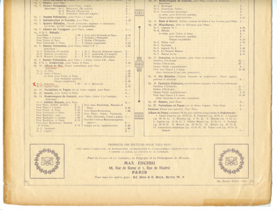 Partition du «Scherzino» tiré de l'«Album de mai, scènes romantiques pour piano» op. 10 n° 3 de Paderewski (Max Eschig, Paris – avec en couverture une liste des «Œuvres complètes de Paderewski» diffusées par cette maison)