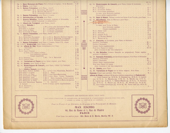 Partition de la «Légende» (n° 1) tirée des «Miscellanea, série de morceaux pour piano» op. 16 n° 1 de Paderewski (Max Eschig, Paris)
