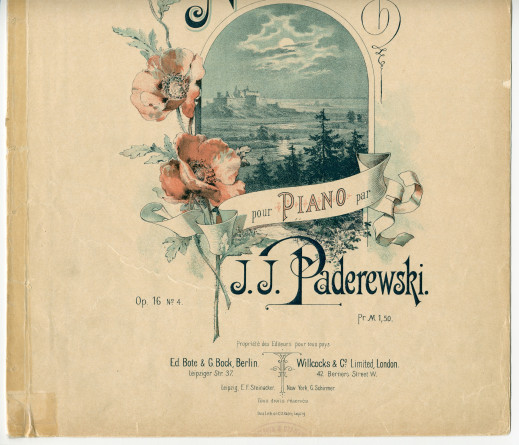 Partition du «Nocturne» tiré des «Miscellanea, série de morceaux pour piano» op. 16 n° 4 de Paderewski (Ed. Bote & G. Bock, Berlin / Willcocks & Co. Limited, Londres / G. Schirmer, New York, 1892)