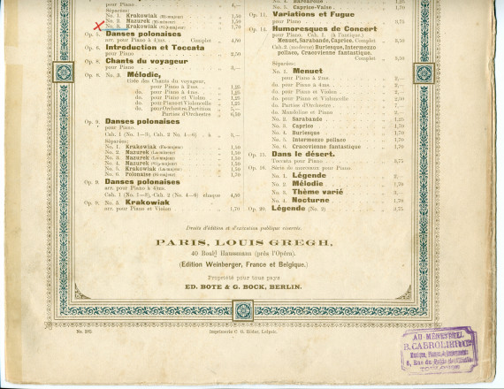 Partition de la «Krakowiak» en si bémol majeur tirée des «Danses polonaises pour piano» op. 5 n° 3 de Paderewski (Louis Gregh, Paris – avec en couverture une liste des «compositions de Paderewski» diffusées par cette maison)