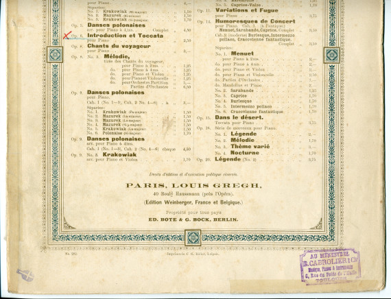 Partition de l'«Introduction et Toccata pour le piano» op. 6 de Paderewski (Louis Gregh, Paris – avec en couverture une liste des «compositions de Paderewski» diffusées par cette maison)