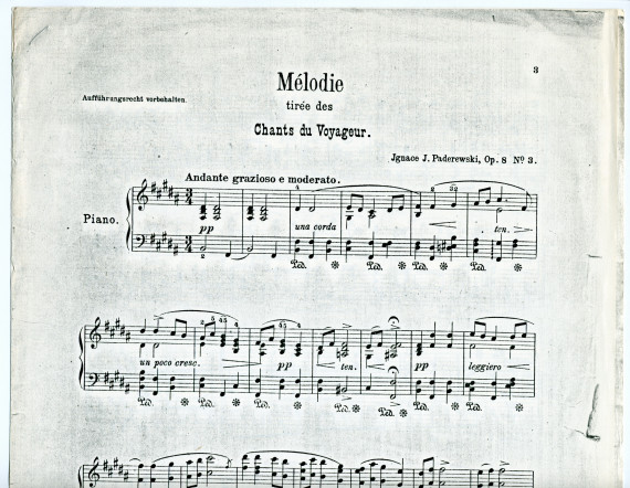 Partition de la «Mélodie tirée des Chants du voyageur» pour piano op. 8 n° 3 de Paderewski (Ed. Bote & G. Bock, Berlin & Posen – photocopie sans page de couverture)
