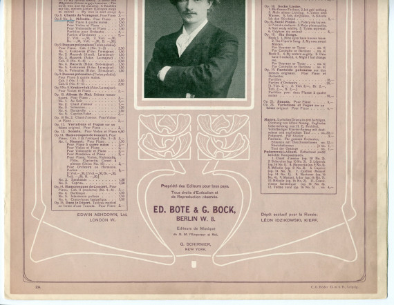 Partition de la «Mélodie tirée des Chants du voyageur» pour piano op. 8 n° 3 de Paderewski (Ed. Bote & G. Bock, Berlin / G. Schirmer, New York – avec en couverture une liste des «compositions de Paderewski» diffusées par ces maisons)