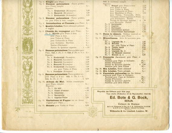 Partition de la «Mélodie tirée des Chants du voyageur» pour piano op. 8 n° 3 de Paderewski (Ed. Bote & G. Bock, Berlin / Willcocks & Co. Limited, Londres – avec en couverture une liste des «compositions de Paderewski» diffusées par ces maisons)