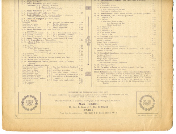 Partition de la «Mélodie tirée des Chants du voyageur» pour piano op. 8 n° 3 de Paderewski (Max Eschig, Paris – avec en couverture une liste des «Œuvres complètes de Paderewski» diffusées par cette maison)