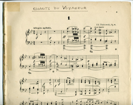 Partition des «Chants du voyageur, 5 morceaux» pour piano op. 8 de Paderewski (Ed. Bote & G. Bock, Berlin – dédicace «à Madame Hélène Gorska») (sans page de couverture)